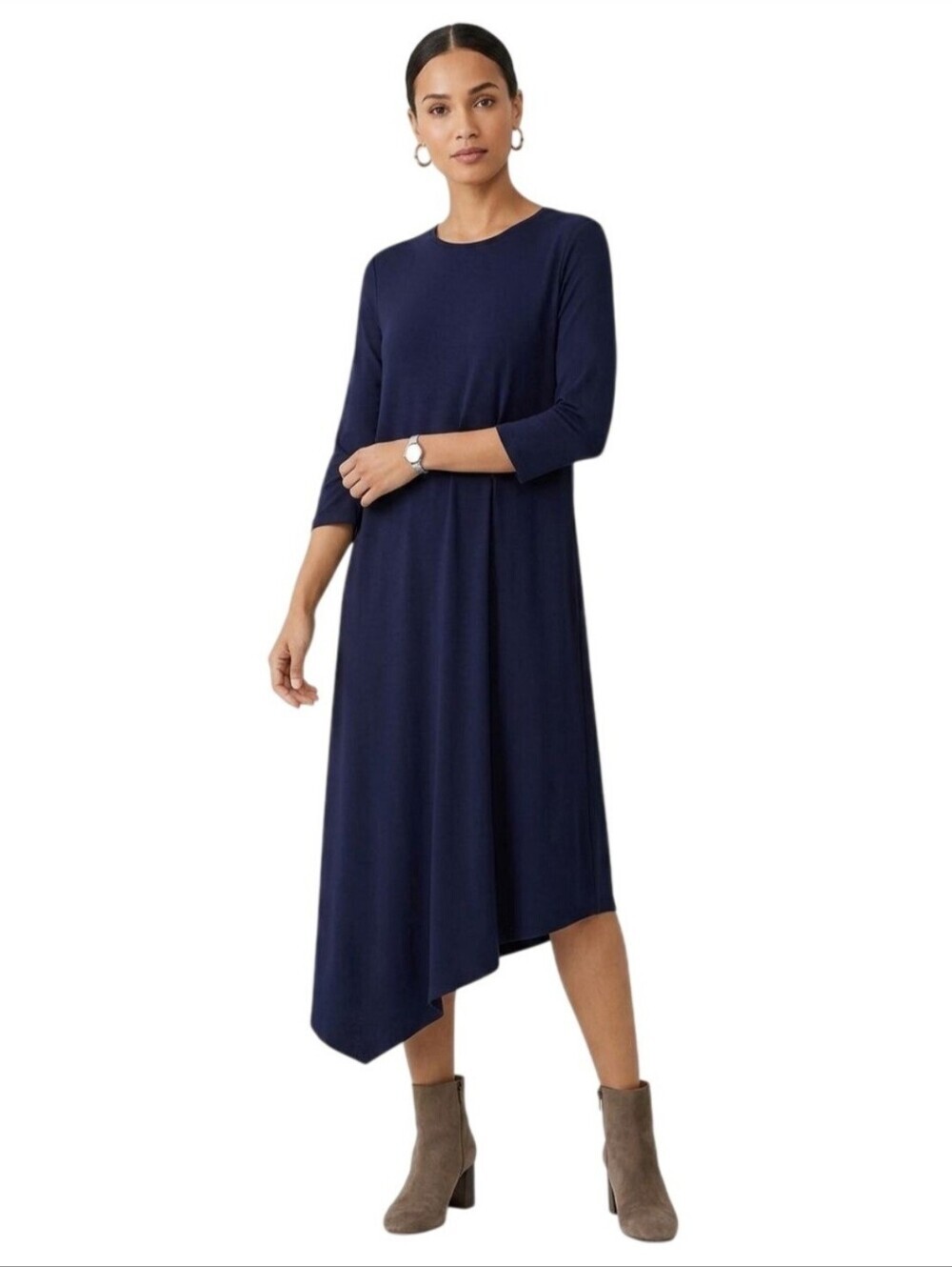 Eileen  Fisher Jersey Knit Asymmetric Hem V Neck Midi Dress Size S